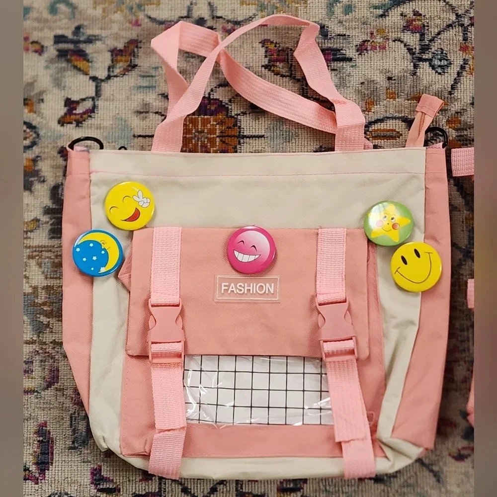 Pink Kawaii Backpack Pin Decor Multi Pocket School Bag OS